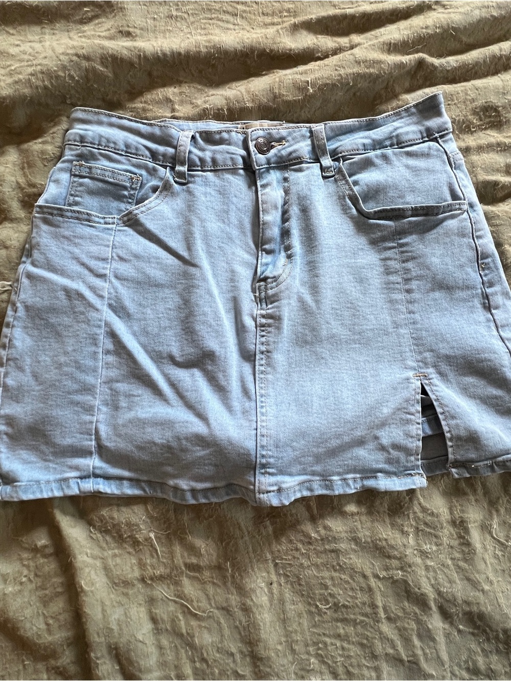 Luvamia Retro Y2K Party Light-Wash Stretchy Denim Mini Skort Pocket Slit Size L